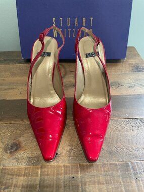 Stuart Weitzman Red Patent Leather Slingback Heels | Size 7.5 | With Box